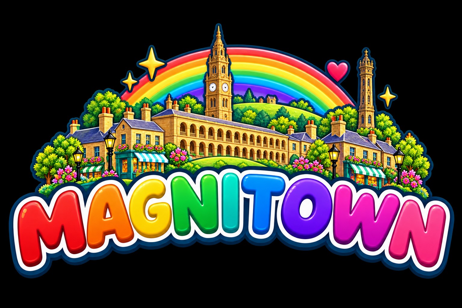 Magnitown rainbow logo with colourful lettering and Halifax-inspired buildings