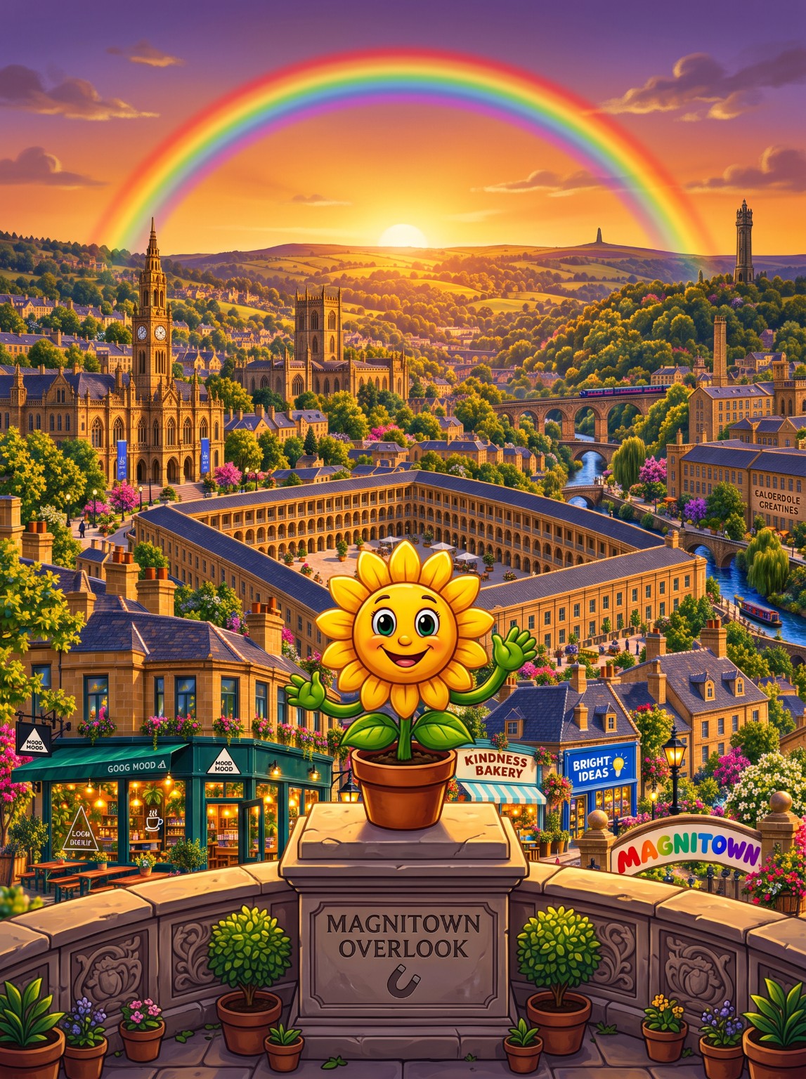 Storybook Magnitown at sunset, with a rainbow over a Halifax-inspired town, grand courtyard, green hills and a smiling sunflower at the overlook